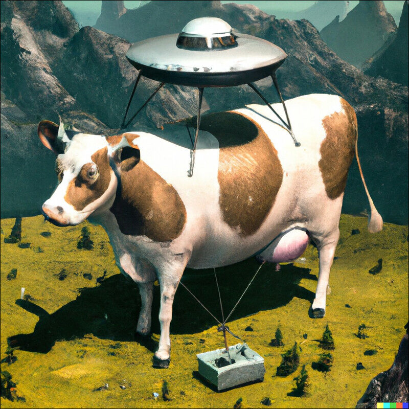 Giant cow with a spaceship on its back in a field surrounded by mountains